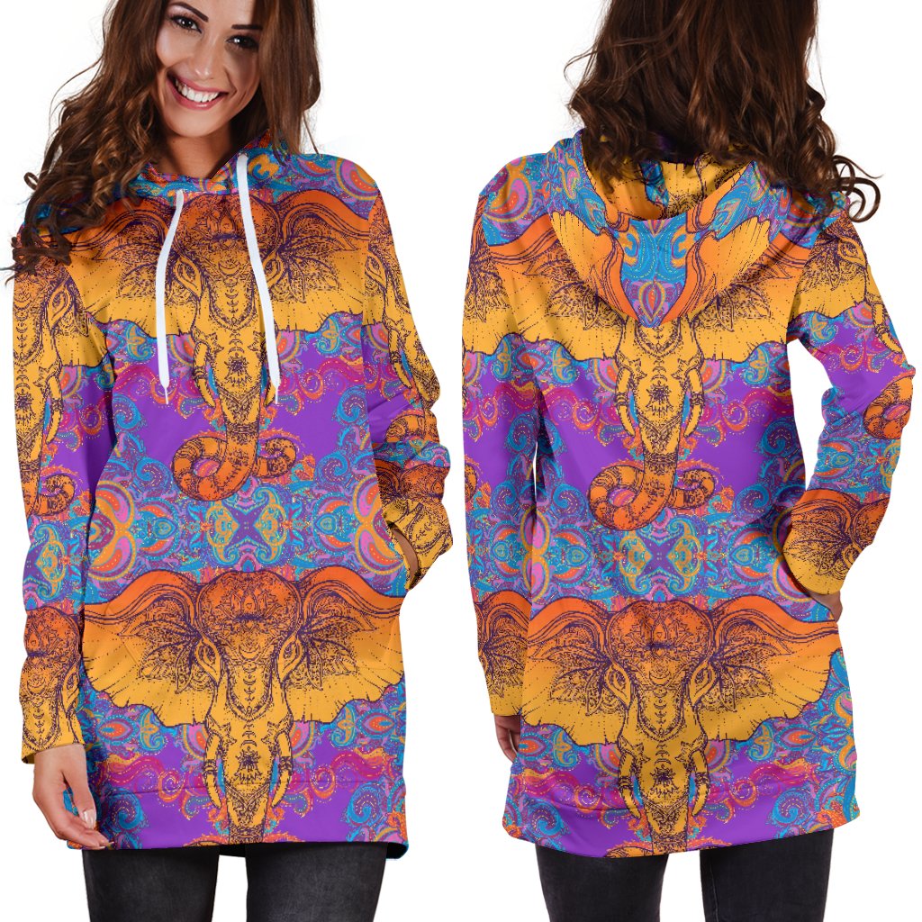 Gold Elephant Indian Women Hoodie Dress