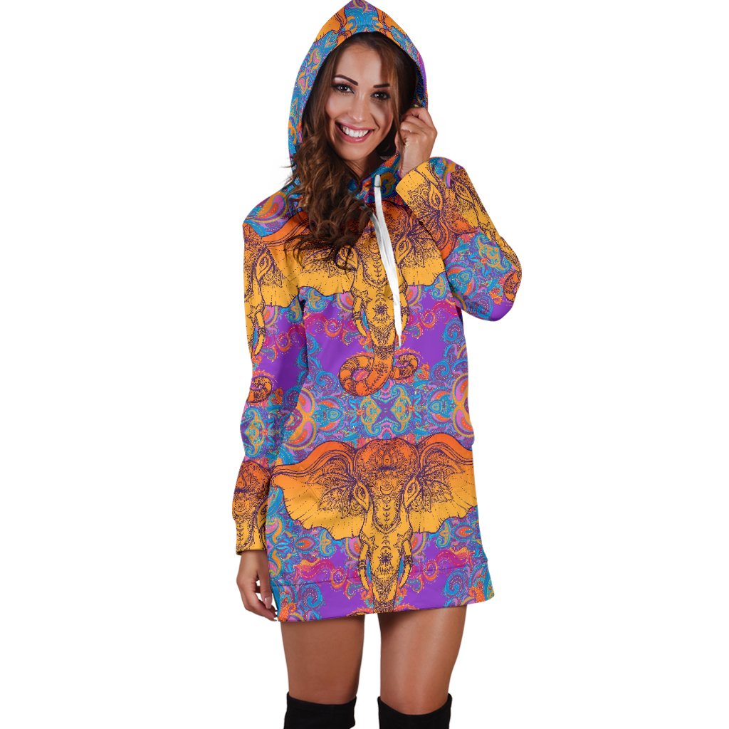 Gold Elephant Indian Women Hoodie Dress