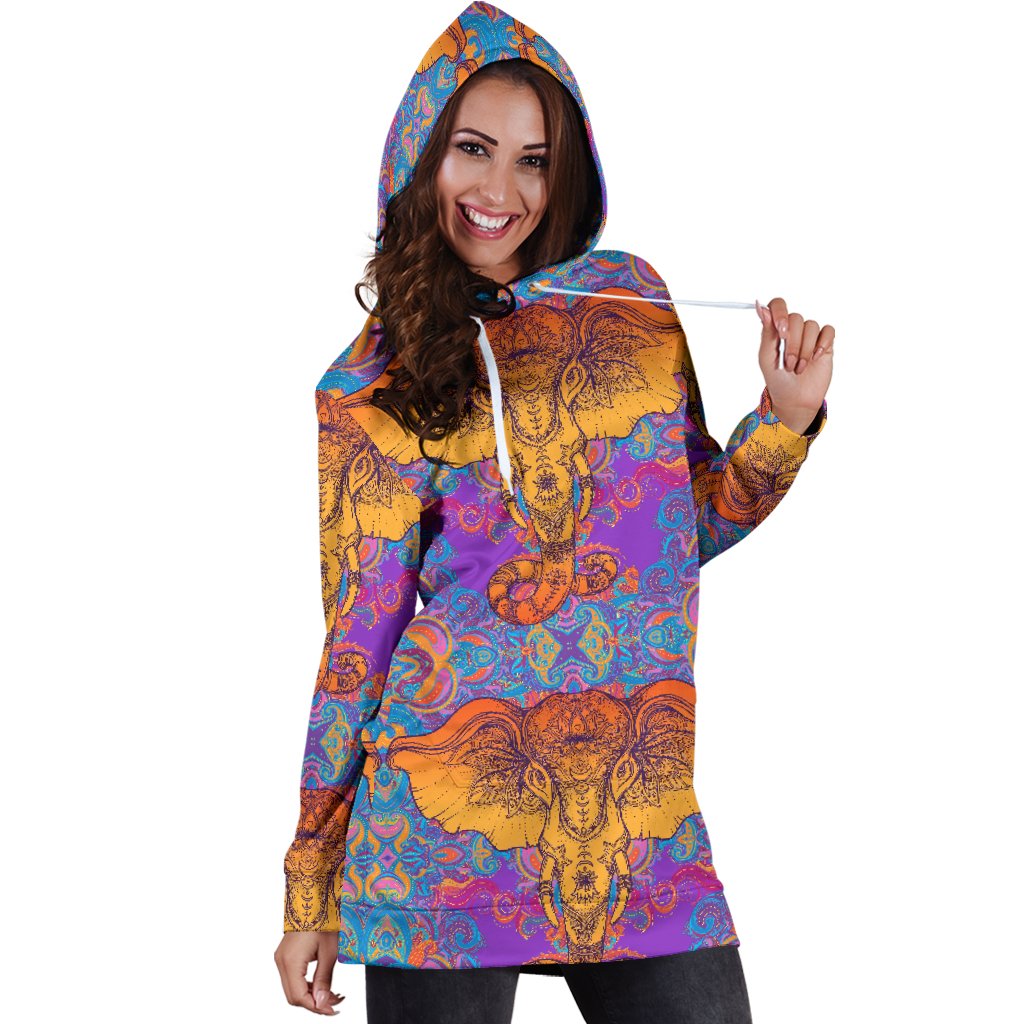 Gold Elephant Indian Women Hoodie Dress