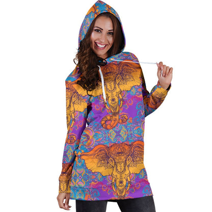 Gold Elephant Indian Women Hoodie Dress
