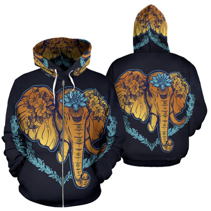 Gold Elephant Lotus All Over Zip Up Hoodie