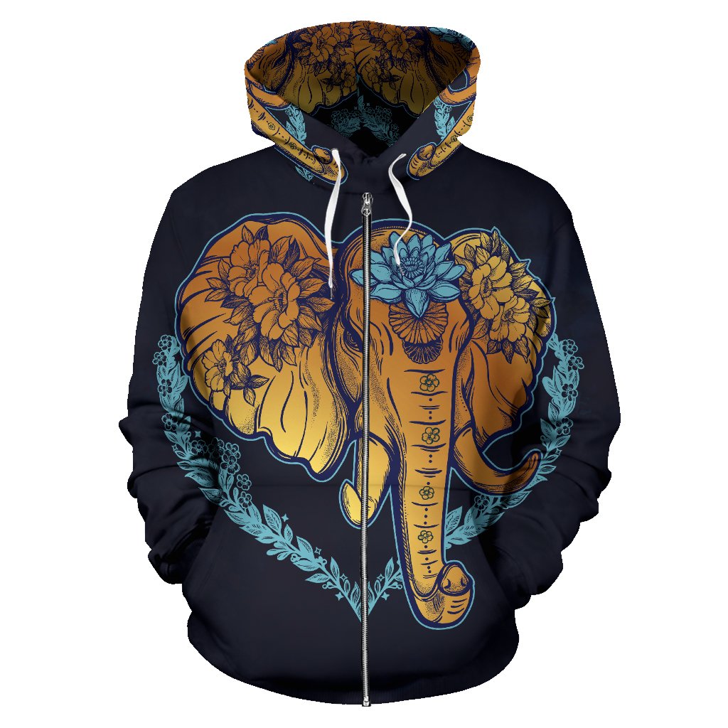 Gold Elephant Lotus All Over Zip Up Hoodie