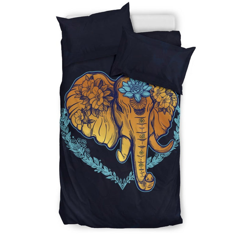 Gold Elephant Lotus Duvet Cover Bedding Set