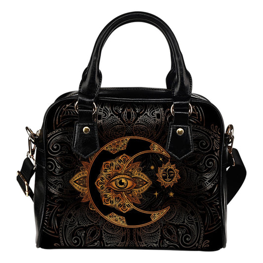 Gold Eye Sun Moon Mandala Leather Shoulder Handbag