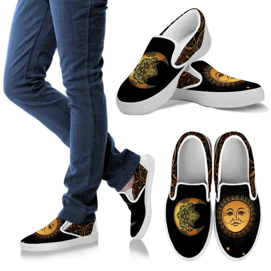 Gold Eye Sun Moon Mandala Women Canvas Slip On Shoes