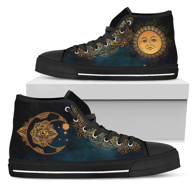Gold Eye Sun Moon Mandala Women High Top Canvas Shoes
