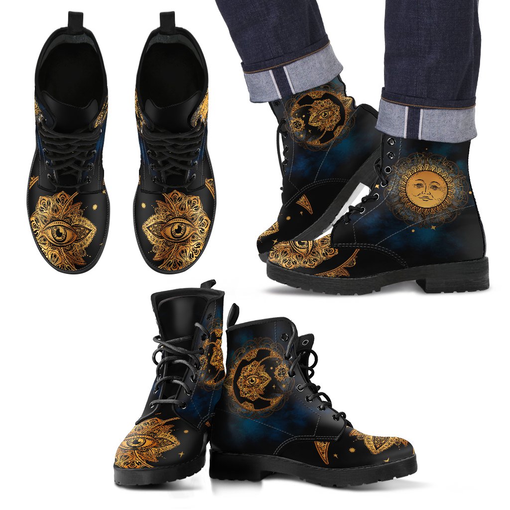 Gold Eye Sun Moon Mandala Women & Men Leather Boots