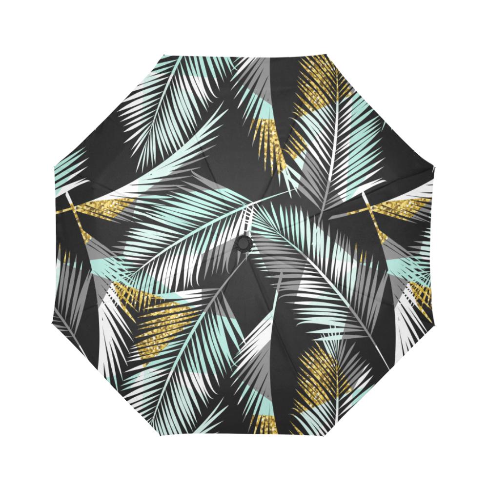 Gold Glitter Cyan Tropical Palm Automatic Foldable Umbrella