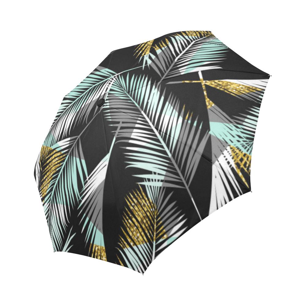 Gold Glitter Cyan Tropical Palm Automatic Foldable Umbrella