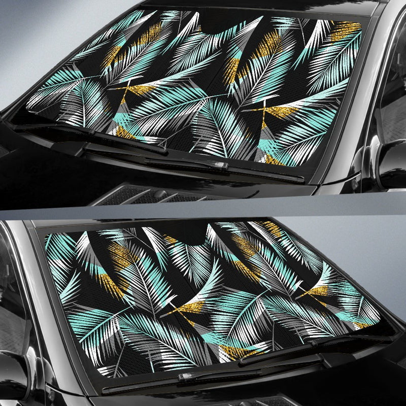 Gold Glitter Cyan Tropical Palm Leaves Car Sun Shade-JorJune