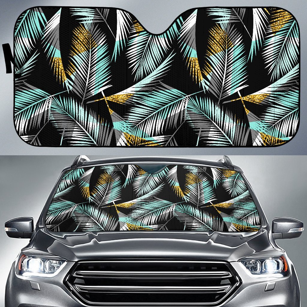 Gold Glitter Cyan Tropical Palm Leaves Car Sun Shade-JorJune