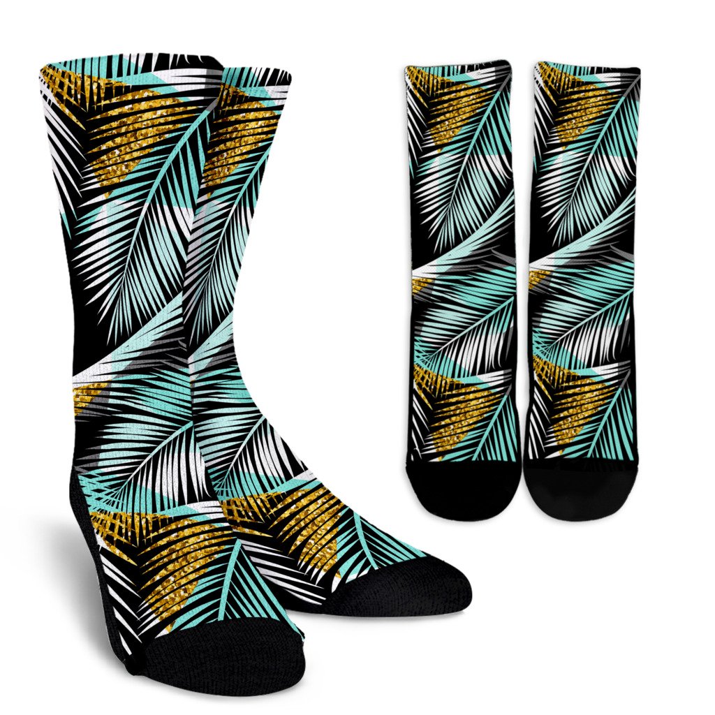 Gold Glitter Cyan Tropical Palm Leaves Crew Socks