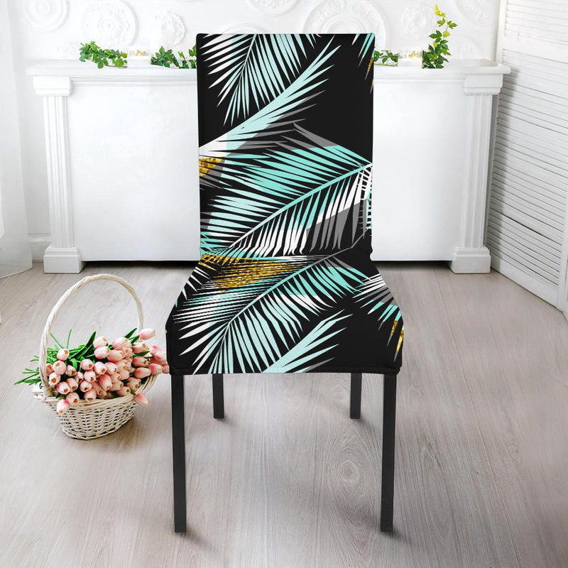 Gold Glitter Cyan Tropical Palm Leaves Dining Chair Slipcover-JORJUNE.COM