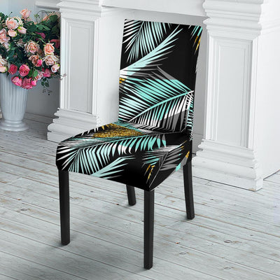 Gold Glitter Cyan Tropical Palm Leaves Dining Chair Slipcover-JORJUNE.COM