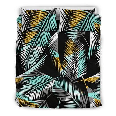 Gold Glitter Cyan Tropical Palm Leaves Duvet Cover Bedding Set