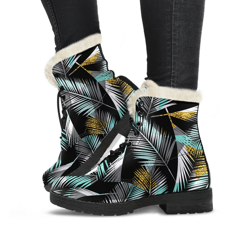 Gold Glitter Cyan Tropical Palm Leaves Faux Fur Leather Boots