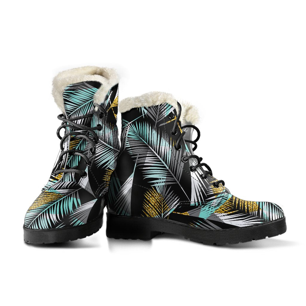 Gold Glitter Cyan Tropical Palm Leaves Faux Fur Leather Boots