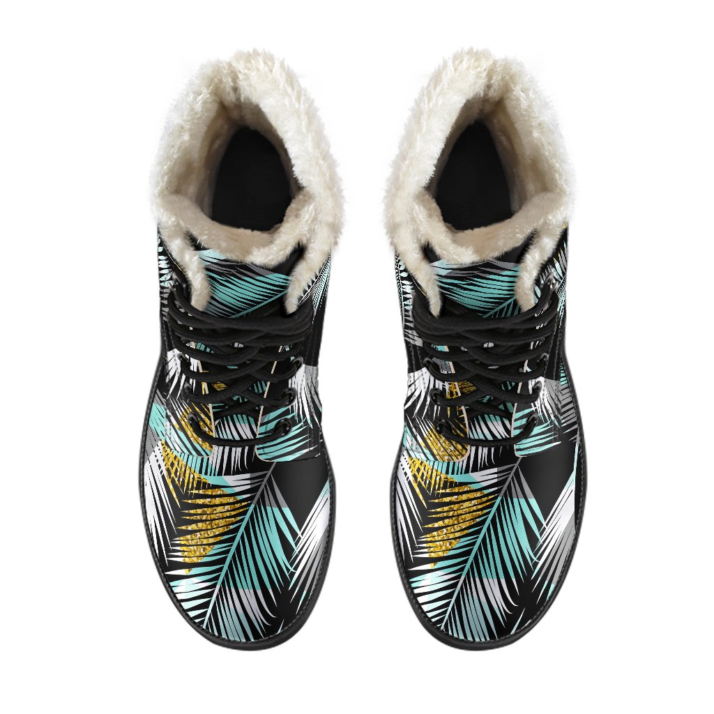 Gold Glitter Cyan Tropical Palm Leaves Faux Fur Leather Boots