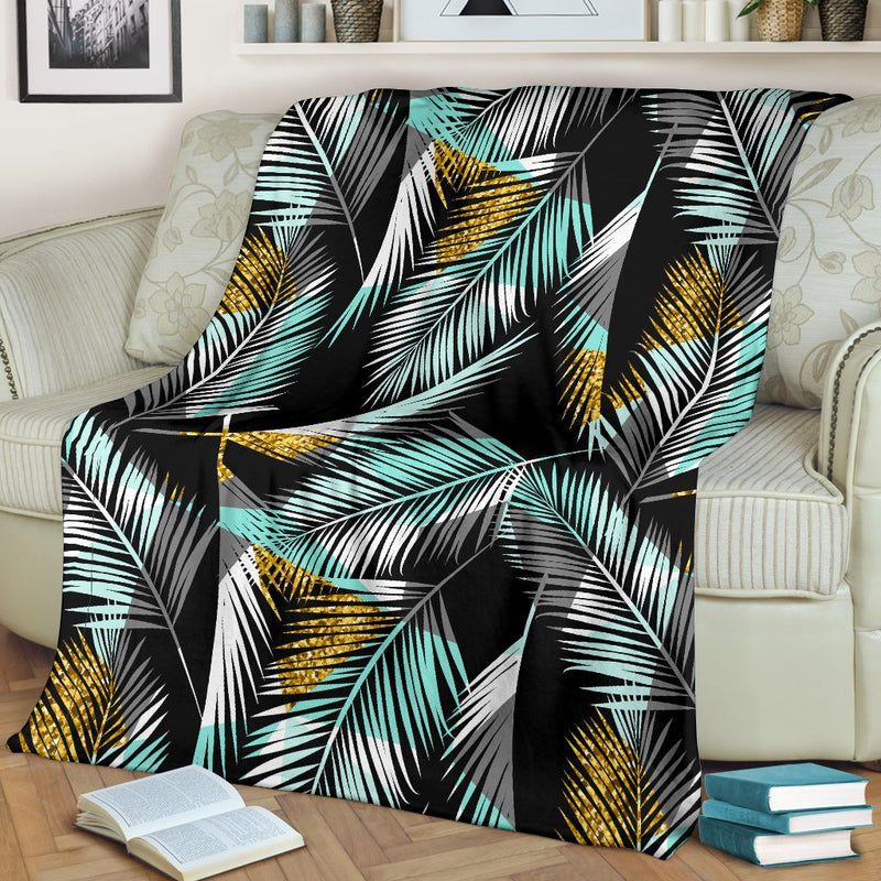 Gold Glitter Cyan Tropical Palm Leaves Fleece Blanket