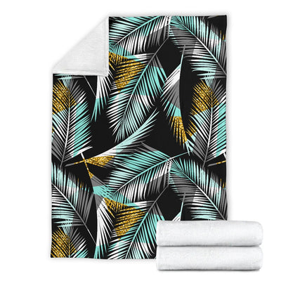 Gold Glitter Cyan Tropical Palm Leaves Fleece Blanket