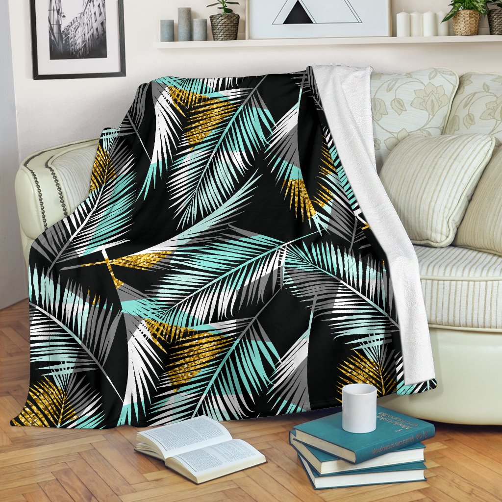 Gold Glitter Cyan Tropical Palm Leaves Fleece Blanket