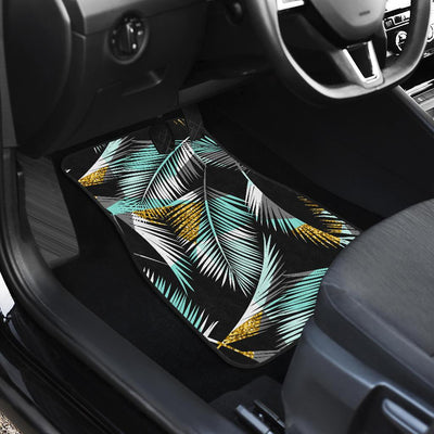 Gold Glitter Cyan Tropical Palm Leaves Front and Back Car Floor Mats