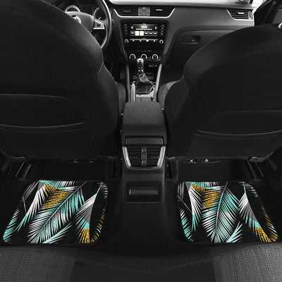 Gold Glitter Cyan Tropical Palm Leaves Front and Back Car Floor Mats