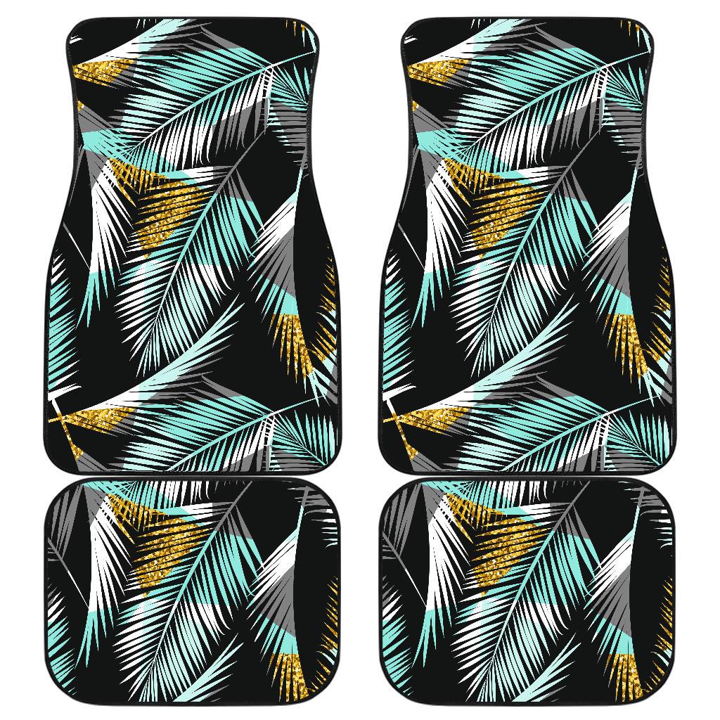 Gold Glitter Cyan Tropical Palm Leaves Front and Back Car Floor Mats