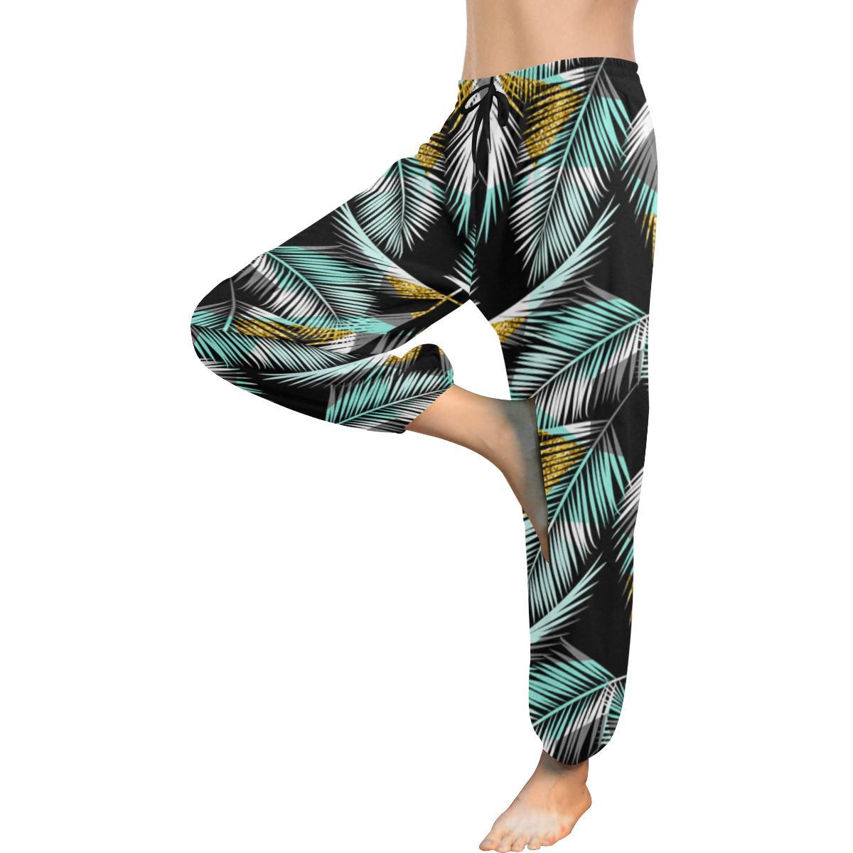 Gold Glitter Cyan Tropical Palm Leaves Harem Pants