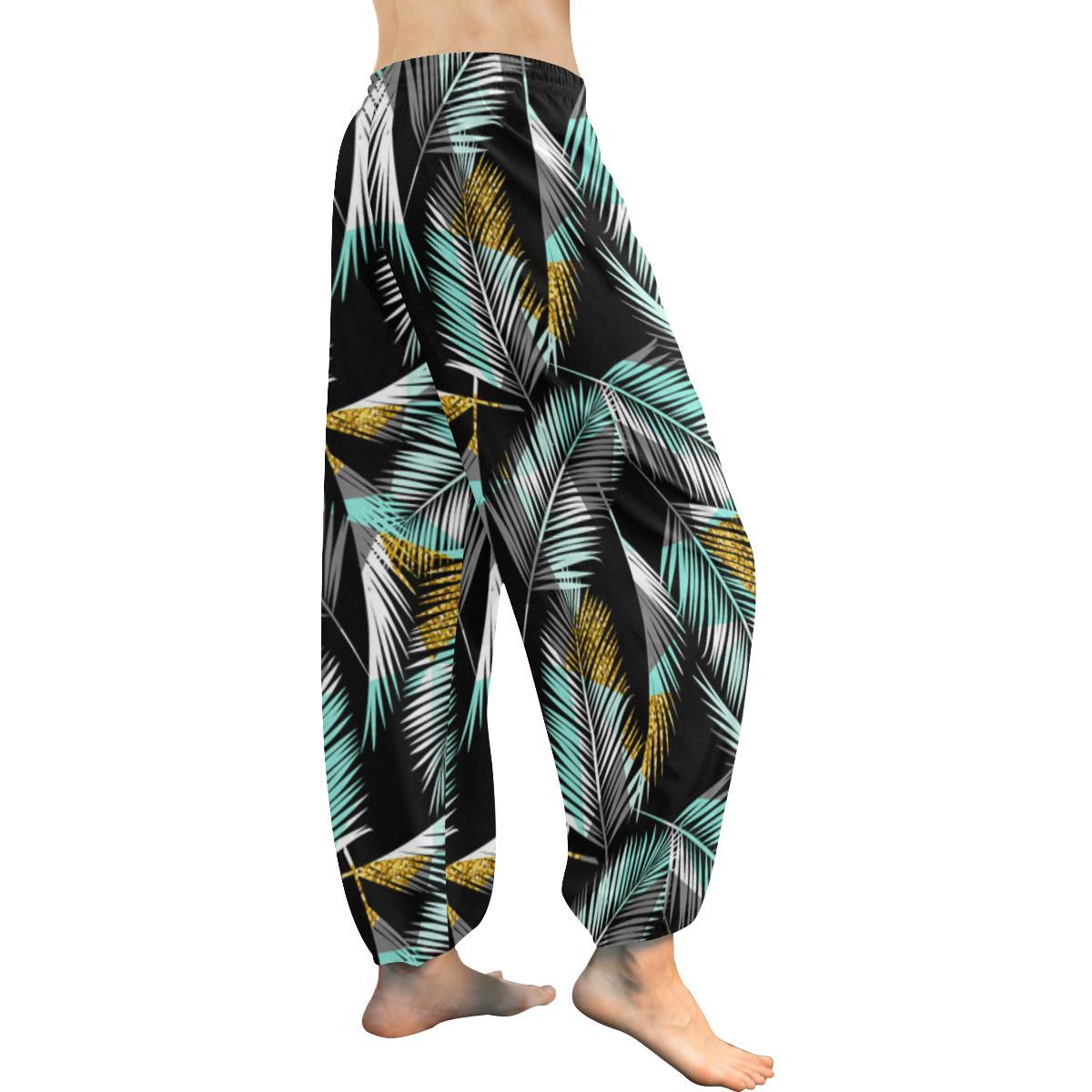 Gold Glitter Cyan Tropical Palm Leaves Harem Pants