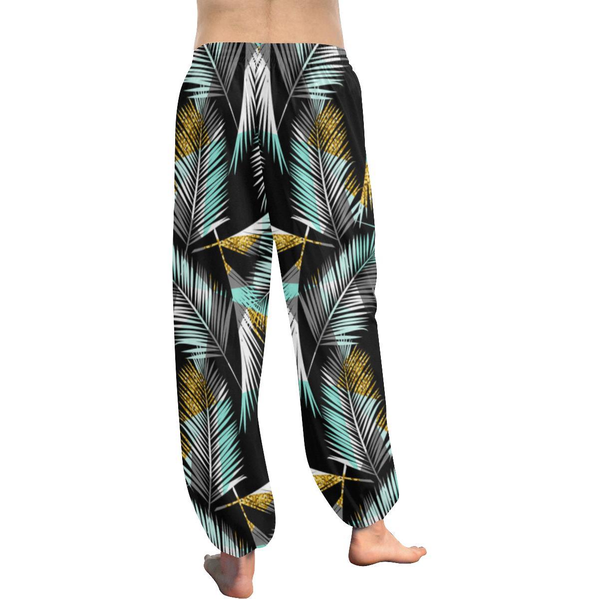 Gold Glitter Cyan Tropical Palm Leaves Harem Pants