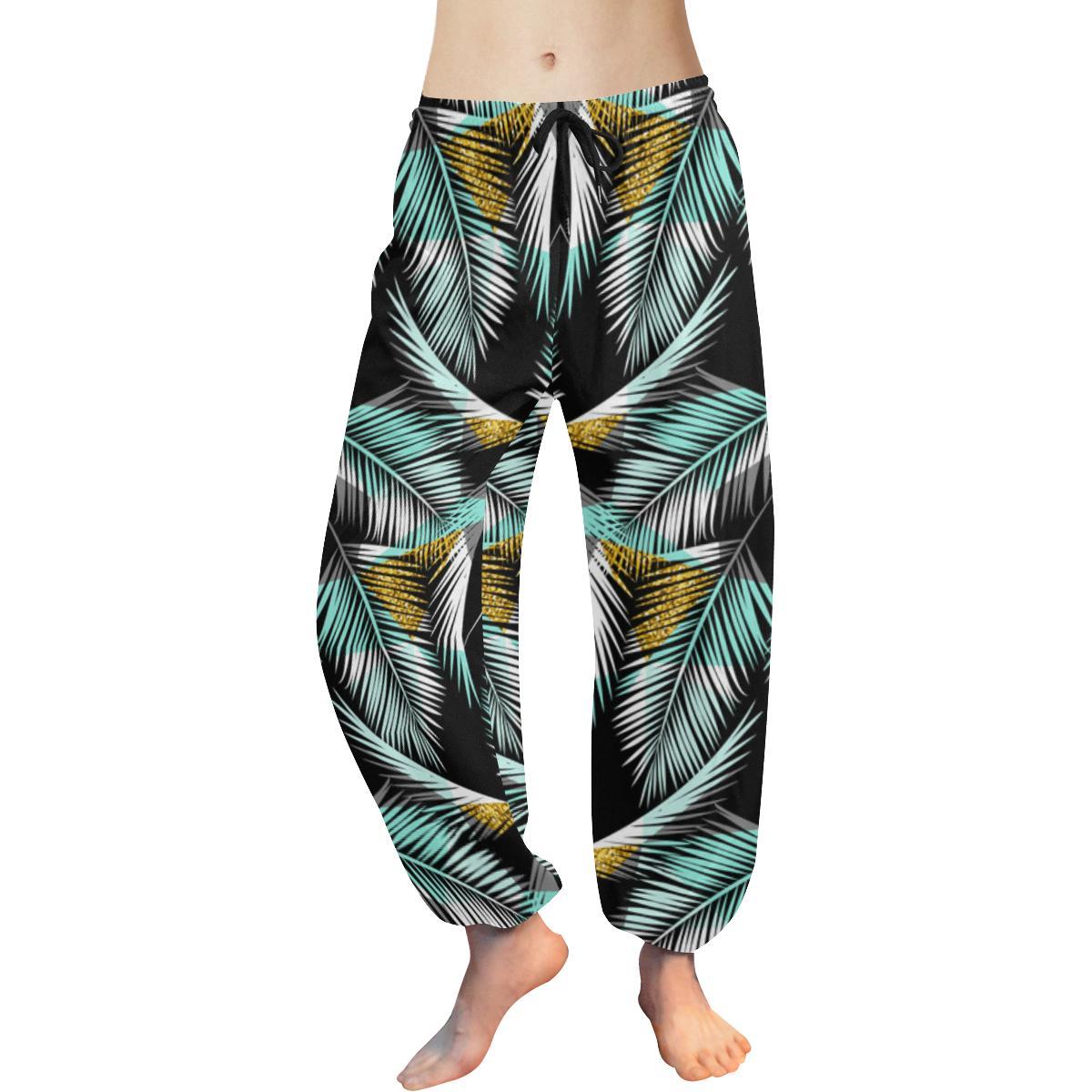 Gold Glitter Cyan Tropical Palm Leaves Harem Pants