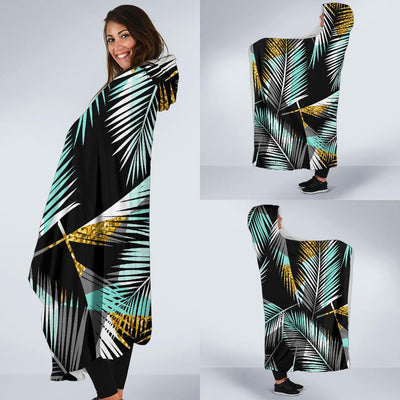 Gold Glitter Cyan Tropical Palm Leaves Hooded Blanket-JORJUNE.COM