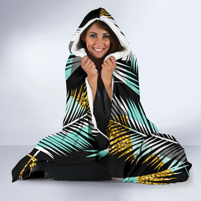 Gold Glitter Cyan Tropical Palm Leaves Hooded Blanket-JORJUNE.COM