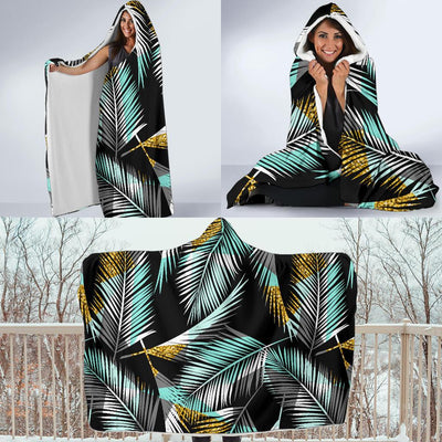 Gold Glitter Cyan Tropical Palm Leaves Hooded Blanket-JORJUNE.COM