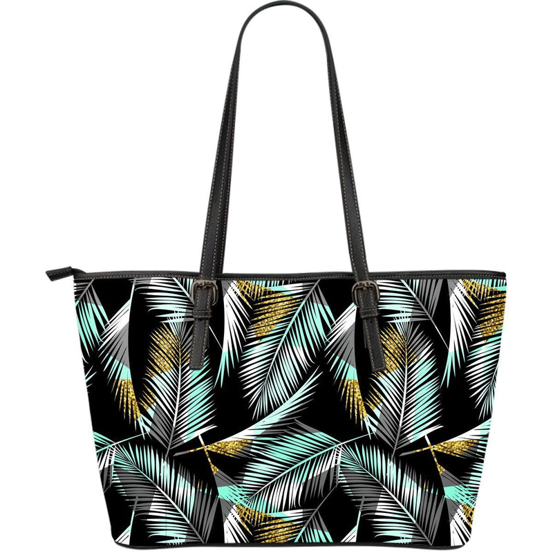 Gold Glitter Cyan Tropical Palm Leaves Large Leather Tote Bag