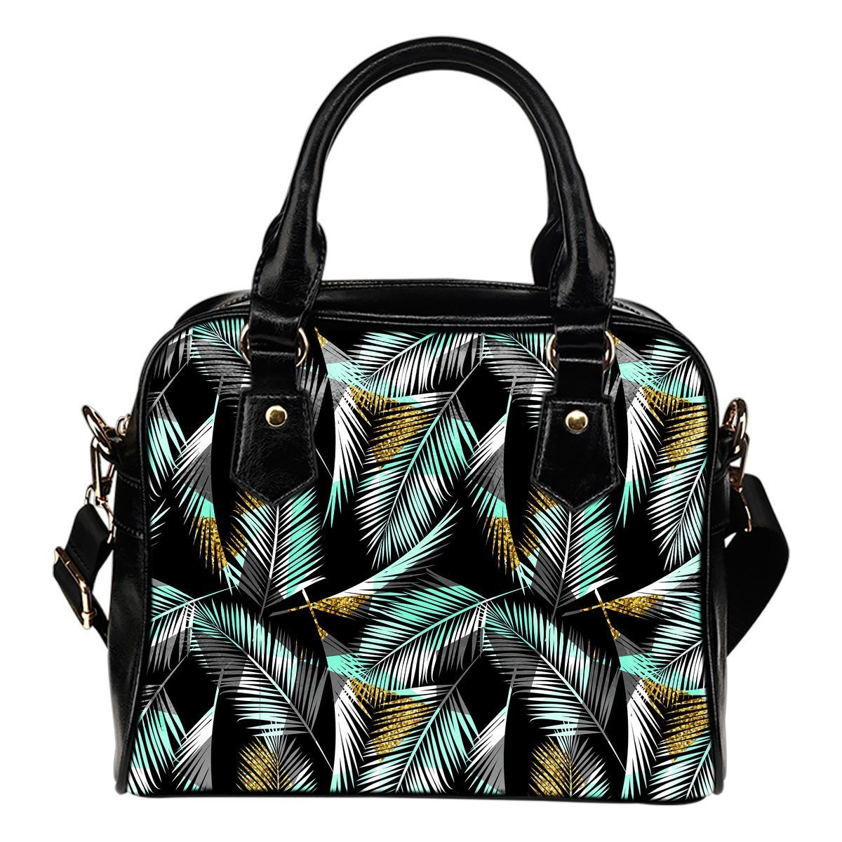 Gold Glitter Cyan Tropical Palm Leaves Leather Shoulder Handbag