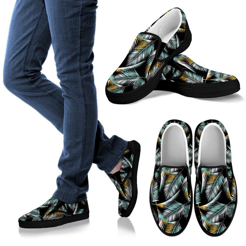 Gold Glitter Cyan Tropical Palm Leaves Men Canvas Slip On Shoes