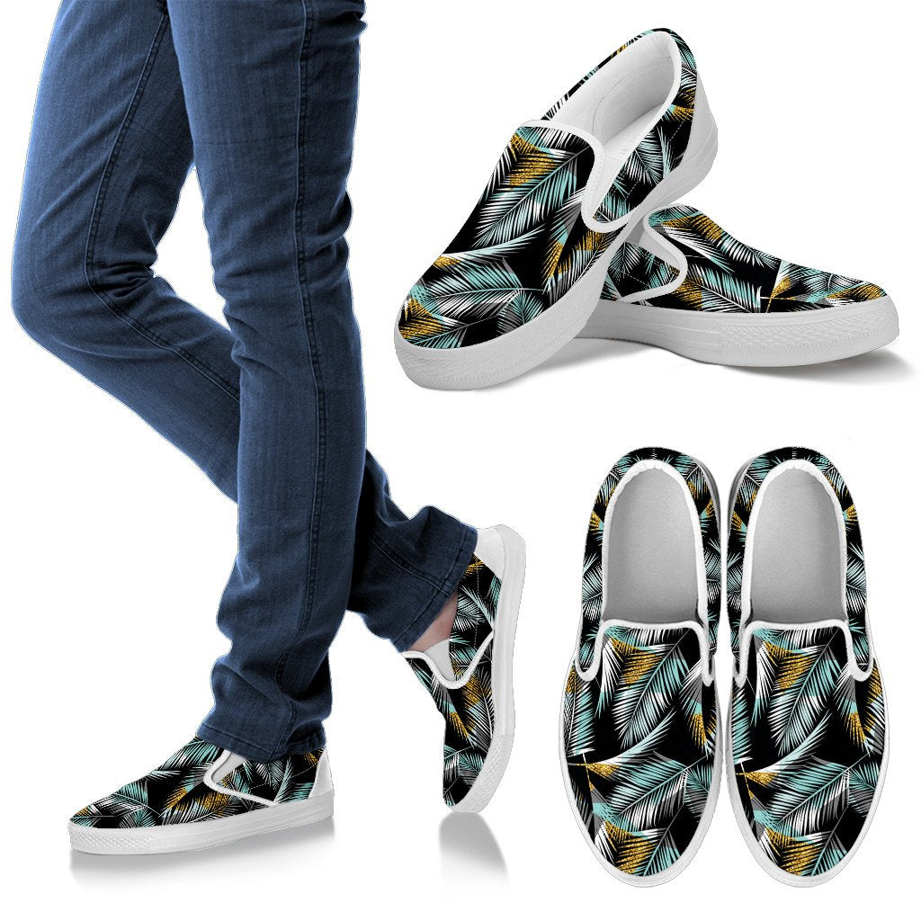 Gold Glitter Cyan Tropical Palm Leaves Men Canvas Slip On Shoes