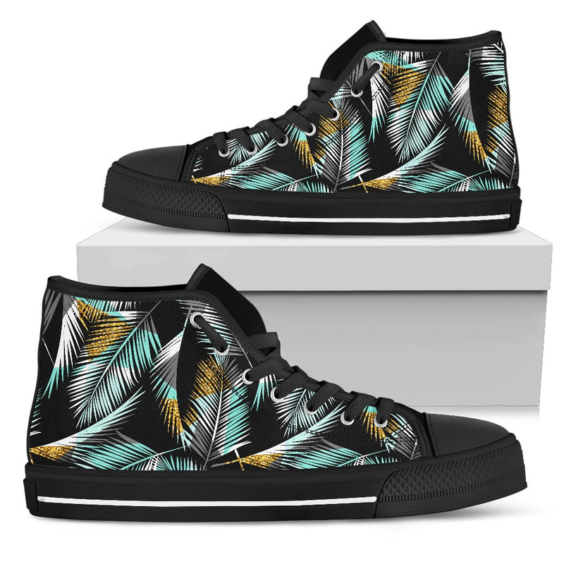 Gold Glitter Cyan Tropical Palm Leaves Men High Top Canvas Shoes