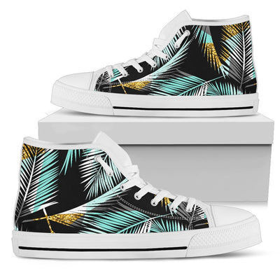 Gold Glitter Cyan Tropical Palm Leaves Men High Top Shoes