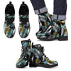 Gold Glitter Cyan Tropical Palm Leaves Men Leather Boots