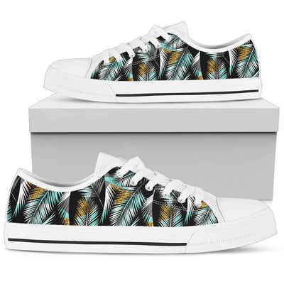 Gold Glitter Cyan Tropical Palm Leaves Men Low Top Canvas Shoes