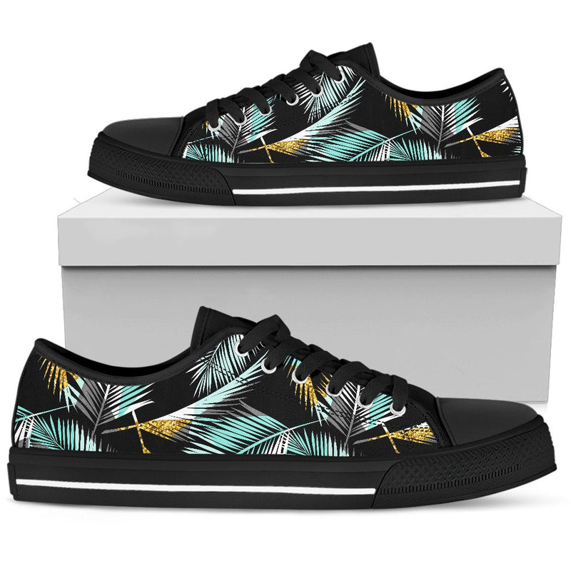 Gold Glitter Cyan Tropical Palm Leaves Men Low Top Shoes