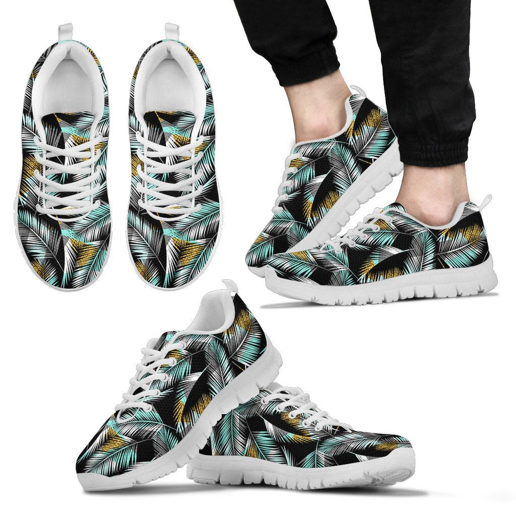 Gold Glitter Cyan Tropical Palm Leaves Men Sneakers