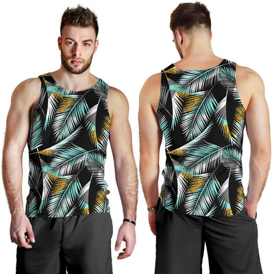 Gold Glitter Cyan Tropical Palm Leaves Men Tank Top