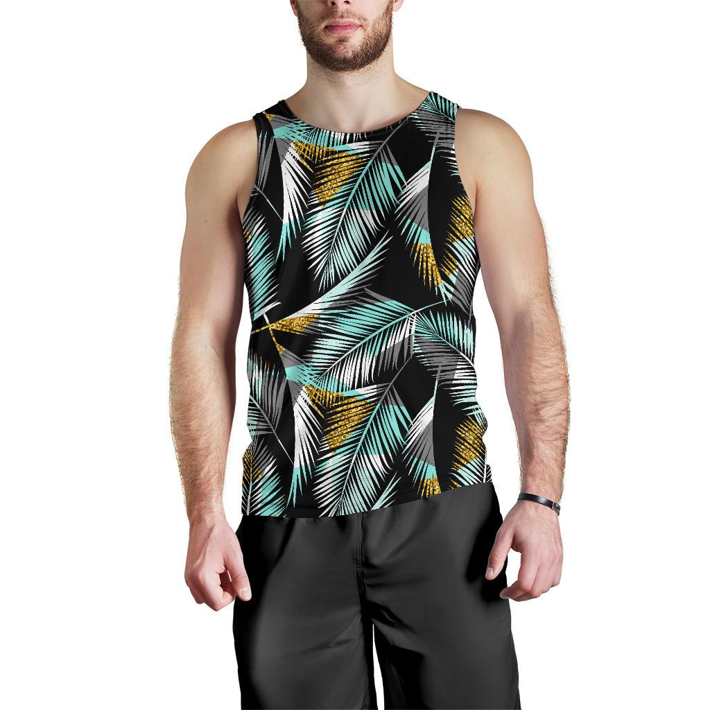 Gold Glitter Cyan Tropical Palm Leaves Men Tank Top