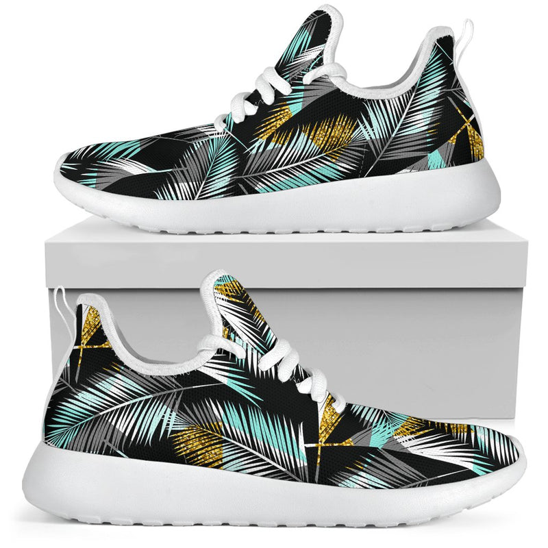 Gold Glitter Cyan Tropical Palm Leaves Mesh Knit Sneakers Shoes