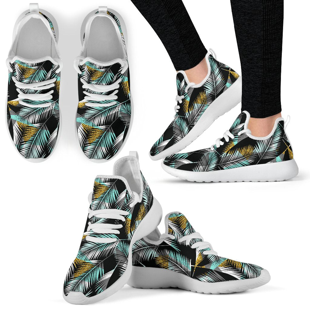 Gold Glitter Cyan Tropical Palm Leaves Mesh Knit Sneakers Shoes