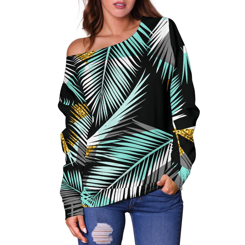 Gold Glitter Cyan Tropical Palm Leaves Off Shoulder Sweatshirt